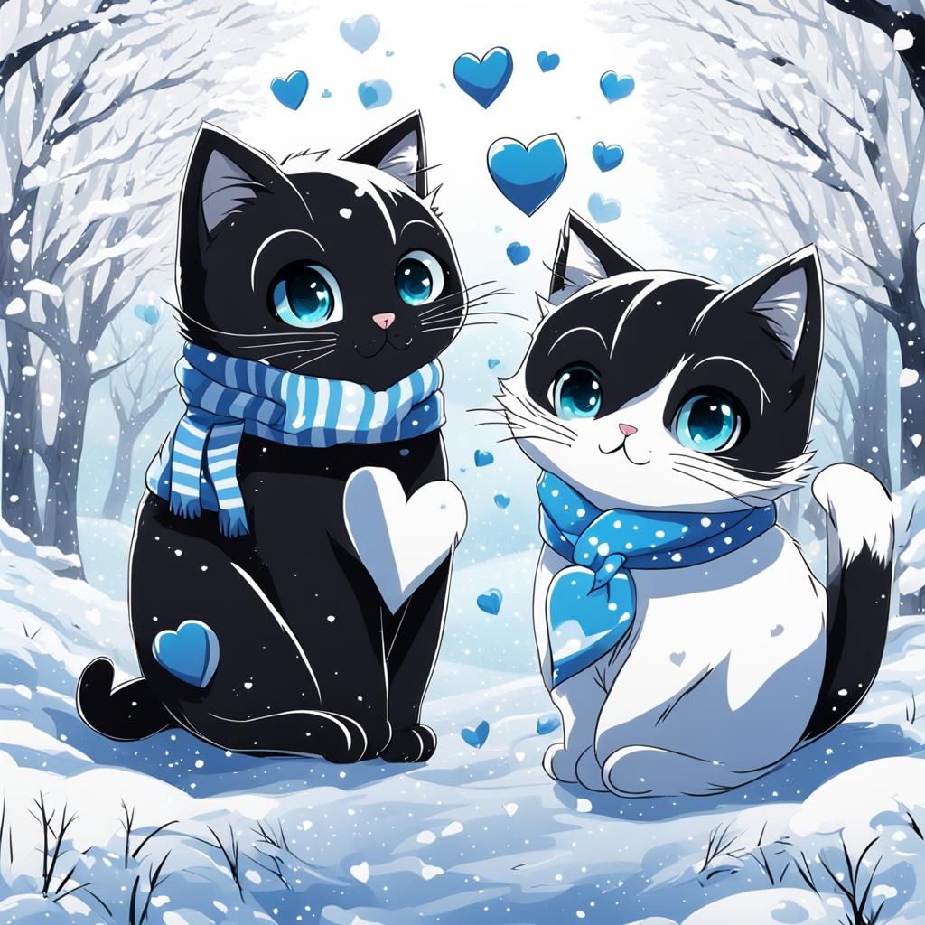 Valentine's Day: Cats Surrounded by Hearts in Anime Style