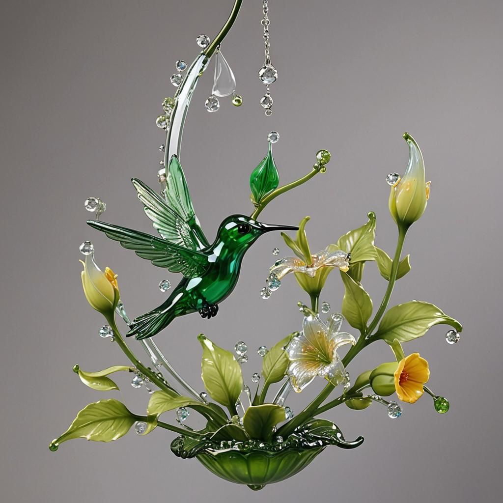 create a gorgeous glass hummingbird feeding at a beautiful glass trumpet flower with iridescencent glass ...  by @Eggsquizit