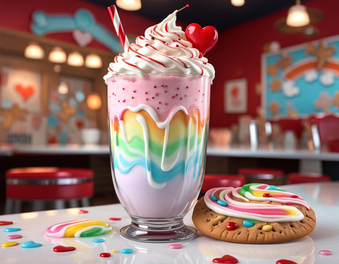 Photo realistic glass of rainbow colored swirled milkshake with whipped