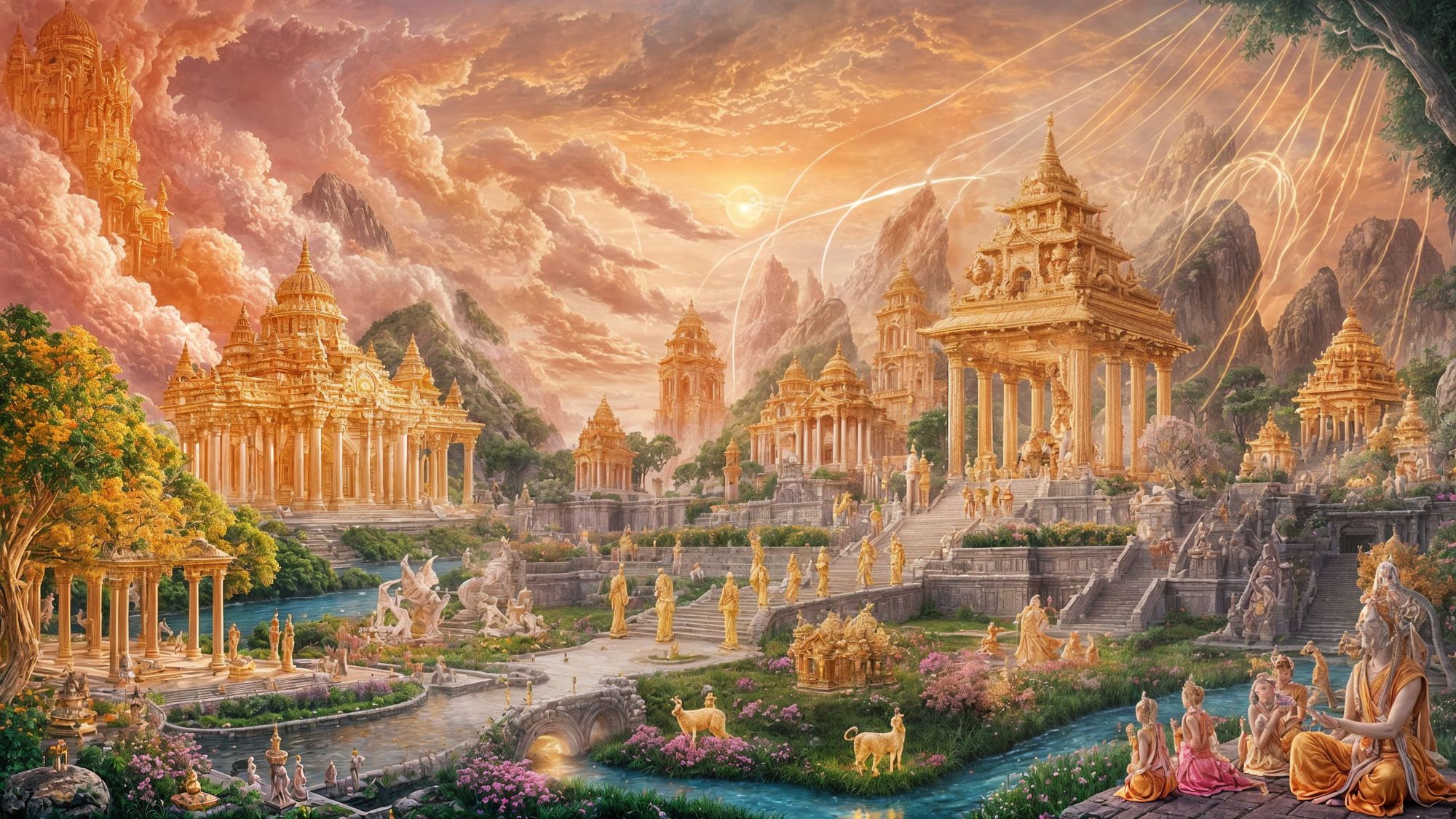 ethereal scene of a traditional Hindu-style realm between Earth and the celestial world.

Background:

Soft, swirling clouds in pink, orange...