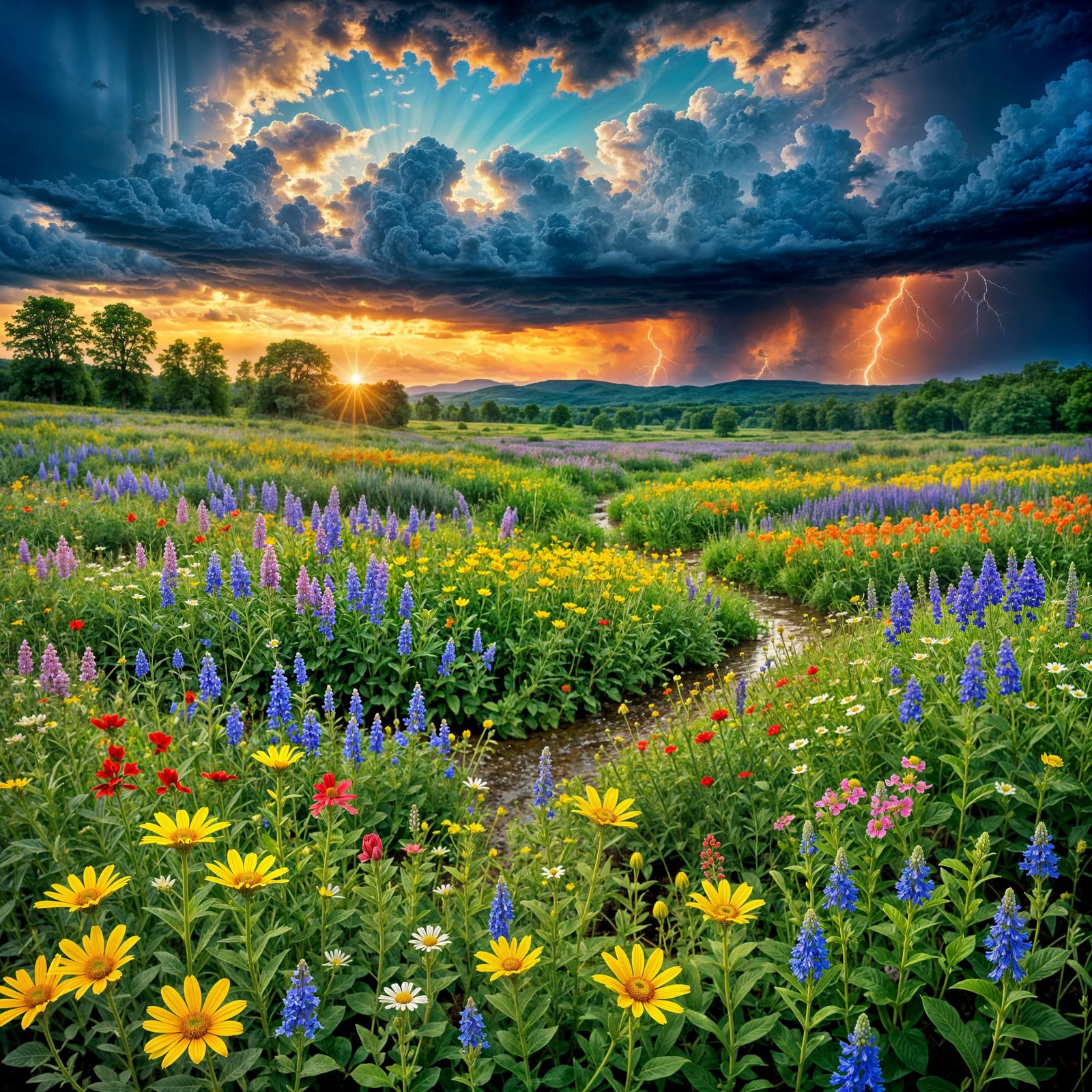 A serene field of wildflowers under a stormy sky  by @JenG