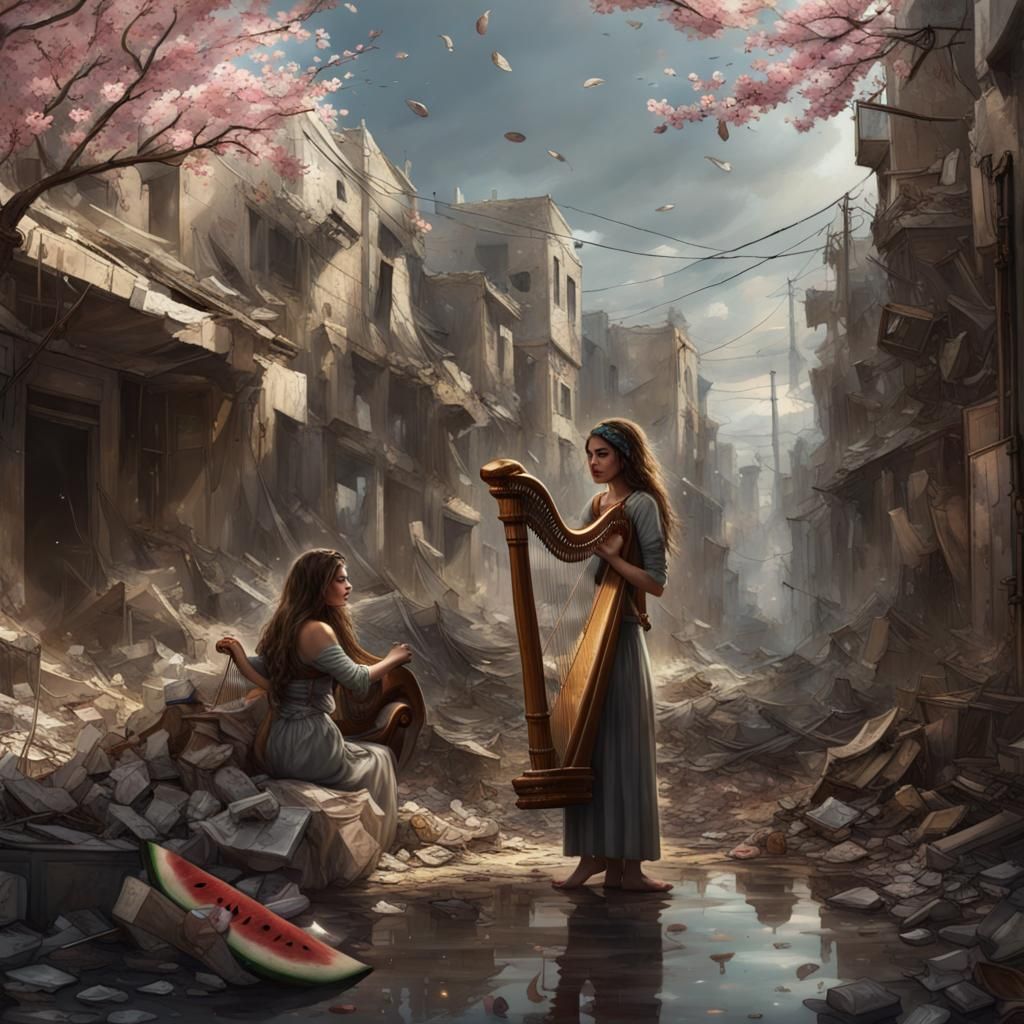 "beautiful Rowena karmy, playing harp in a bombed street