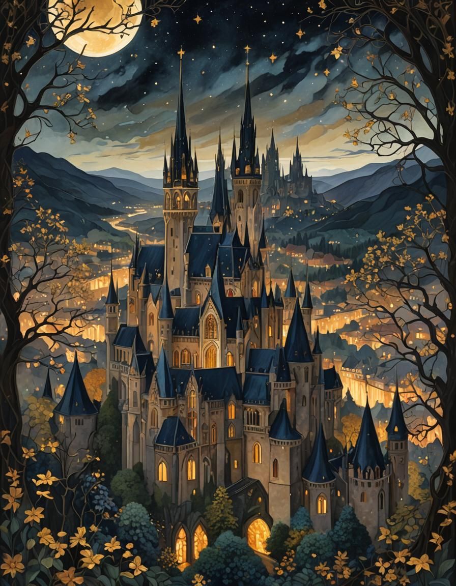 Star-studded night sky castle
