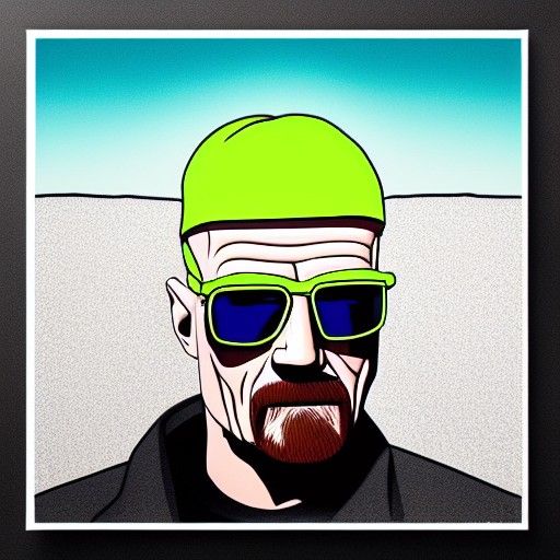 Walter White wearing neon sunglasses while driving an RV, Hyperrealism