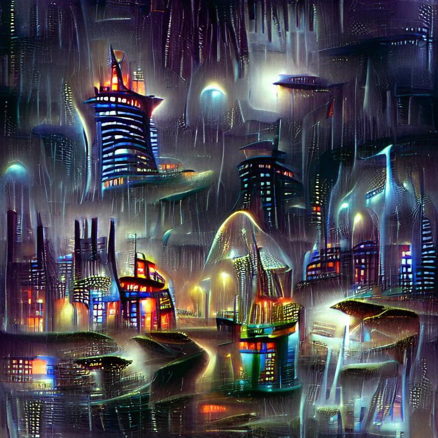 Futuristic city at night, rainy