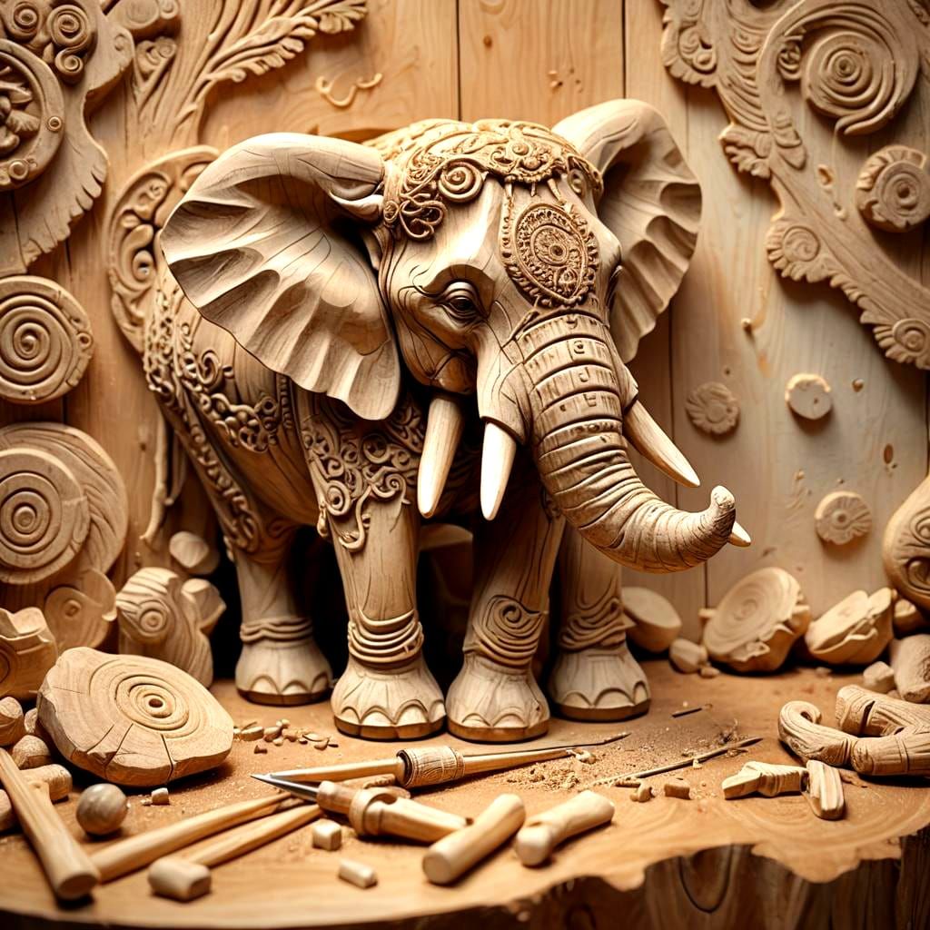 Hand carved wooden elephant. See the wood carving tools, used crunched sandpaper next to the elephant ...  by @undefined