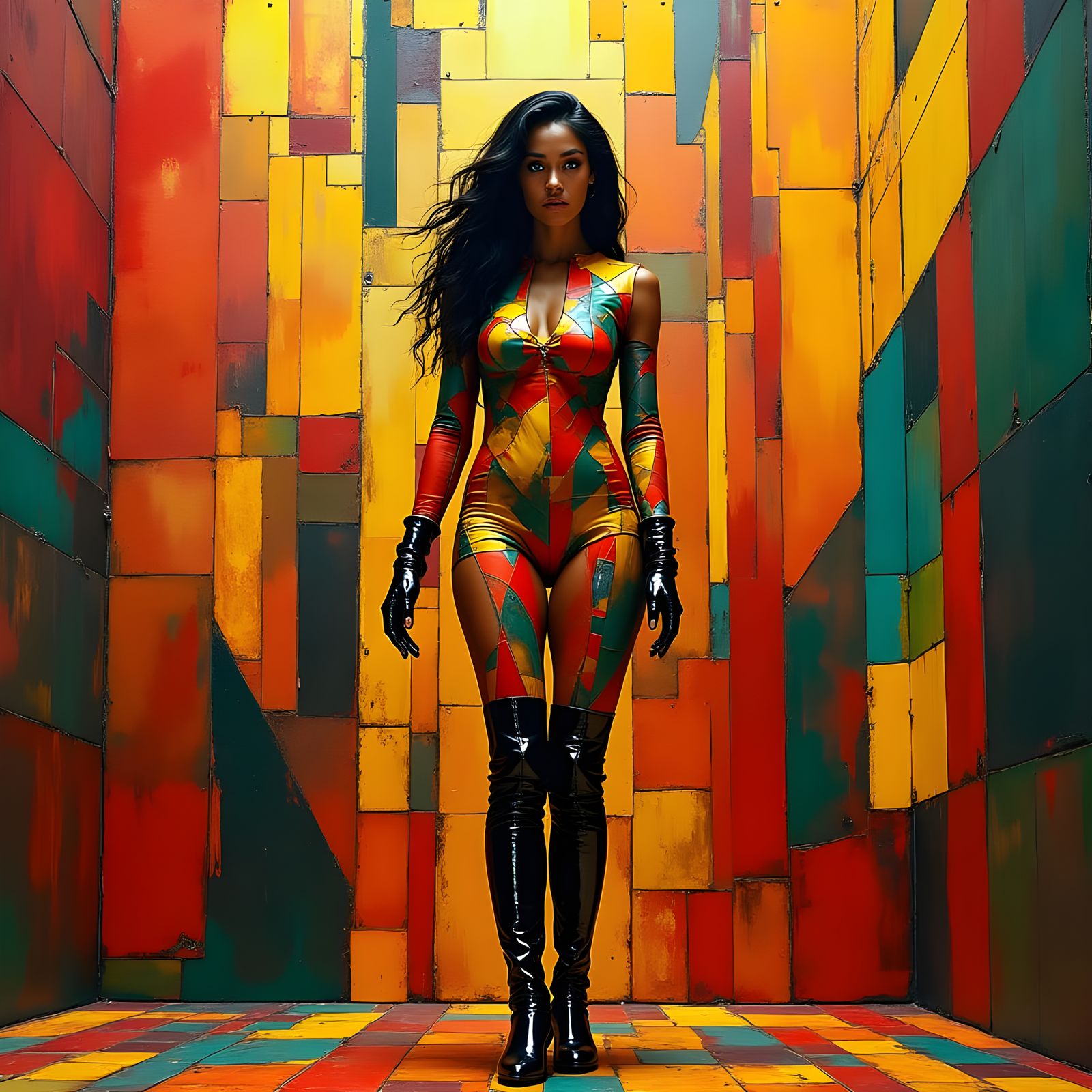 Vibrant Cubist Girl in Colorful Jumpsuit
