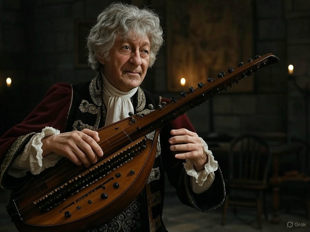 The Third Doctor playing a hurdy-gurdy in the middle ages