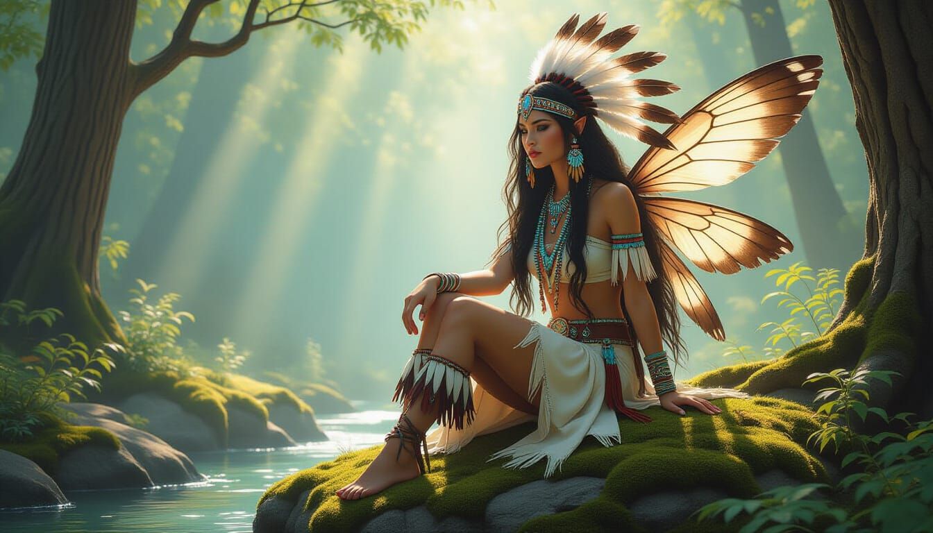 A Native American fairy with long flowing hair, adorned with intricate beadwork and feathers, sits serenely ...  by @GMartini42