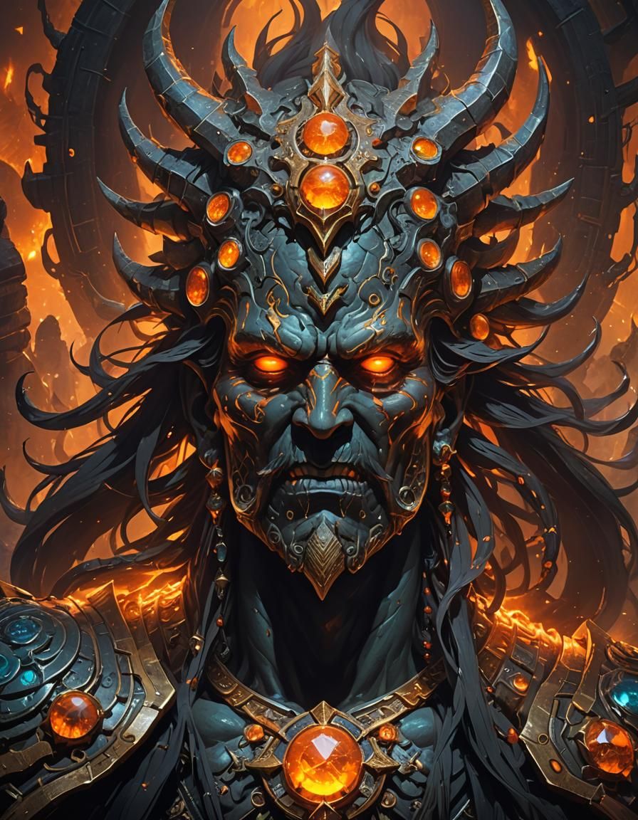 scenic picture of a underworld god, wide face, smug look, or...