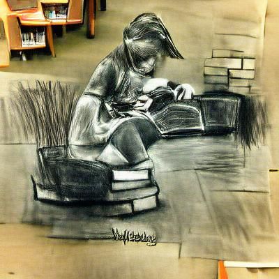 Girl reading in library charcoal drawing