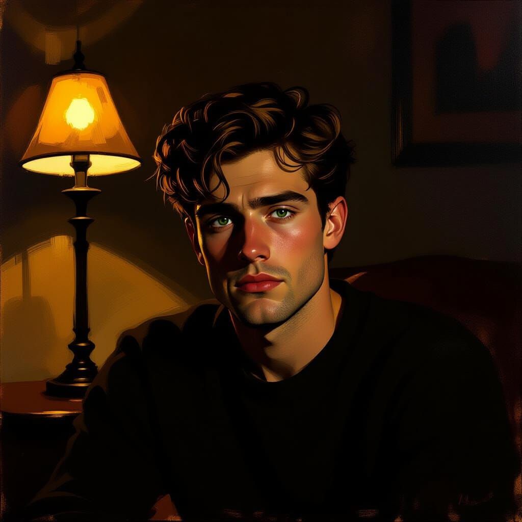 Man's Weary Face in Dimly Lit Room, Oil Painting