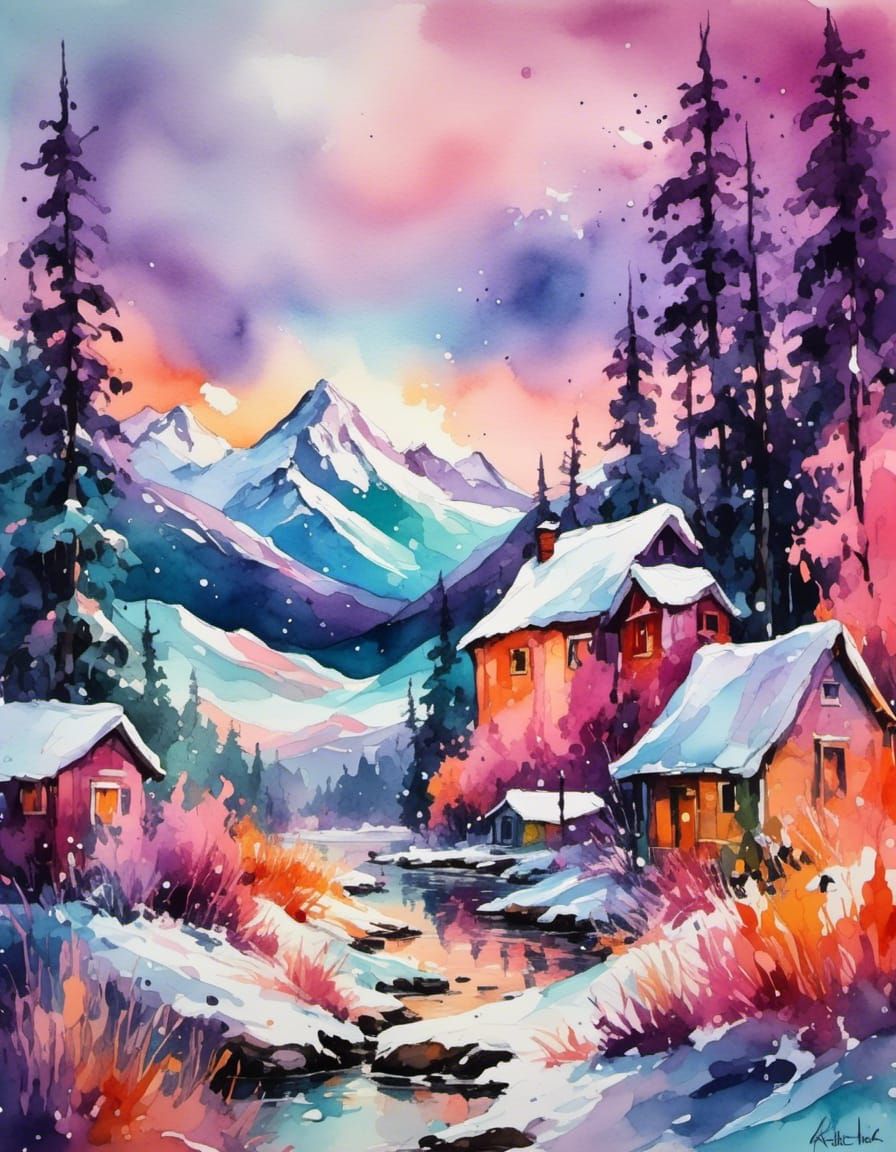 Sunrise at snowy mountains, pink, orange, purple, teal, sheer feeling, watercolors,  splashes of color <lora:Celestial Palette:1.0>