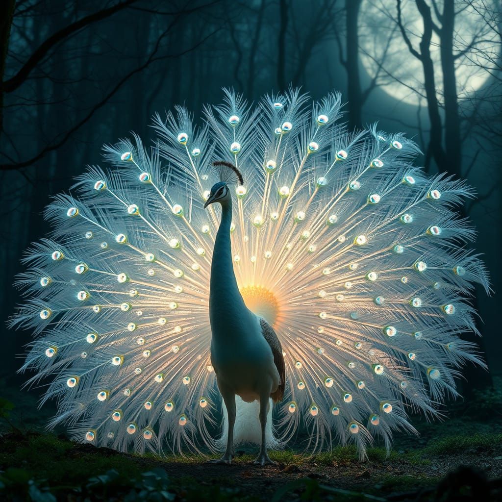 mystical white peacock in an enigmatic forest, spellbinding aura and feathers, open-feathers colorful ...  by @MrDreamBrush
