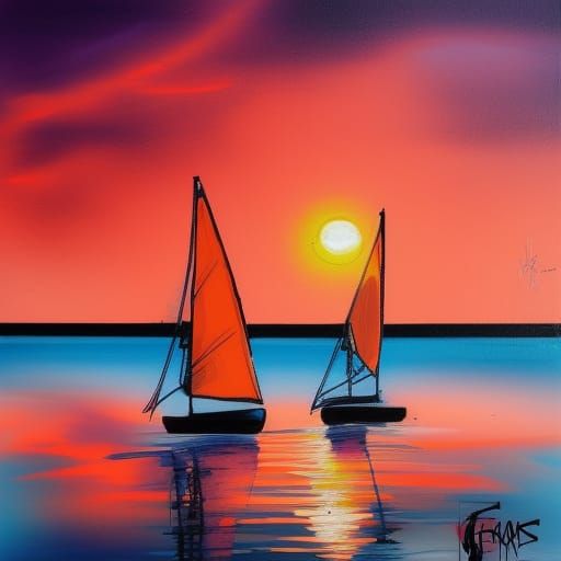 Orange sunset behind two lonely sailboats