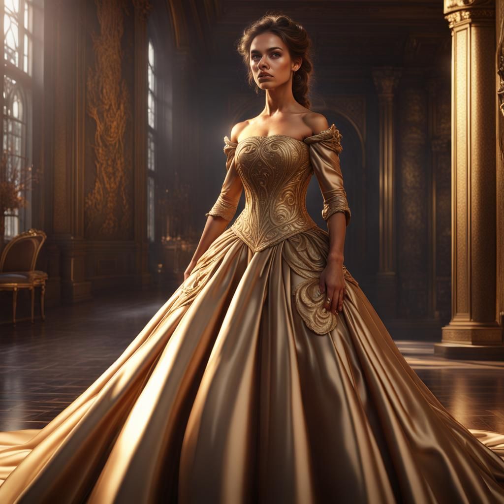 a women light brown hair brown eyes tan skin gold ball gown - AI ...