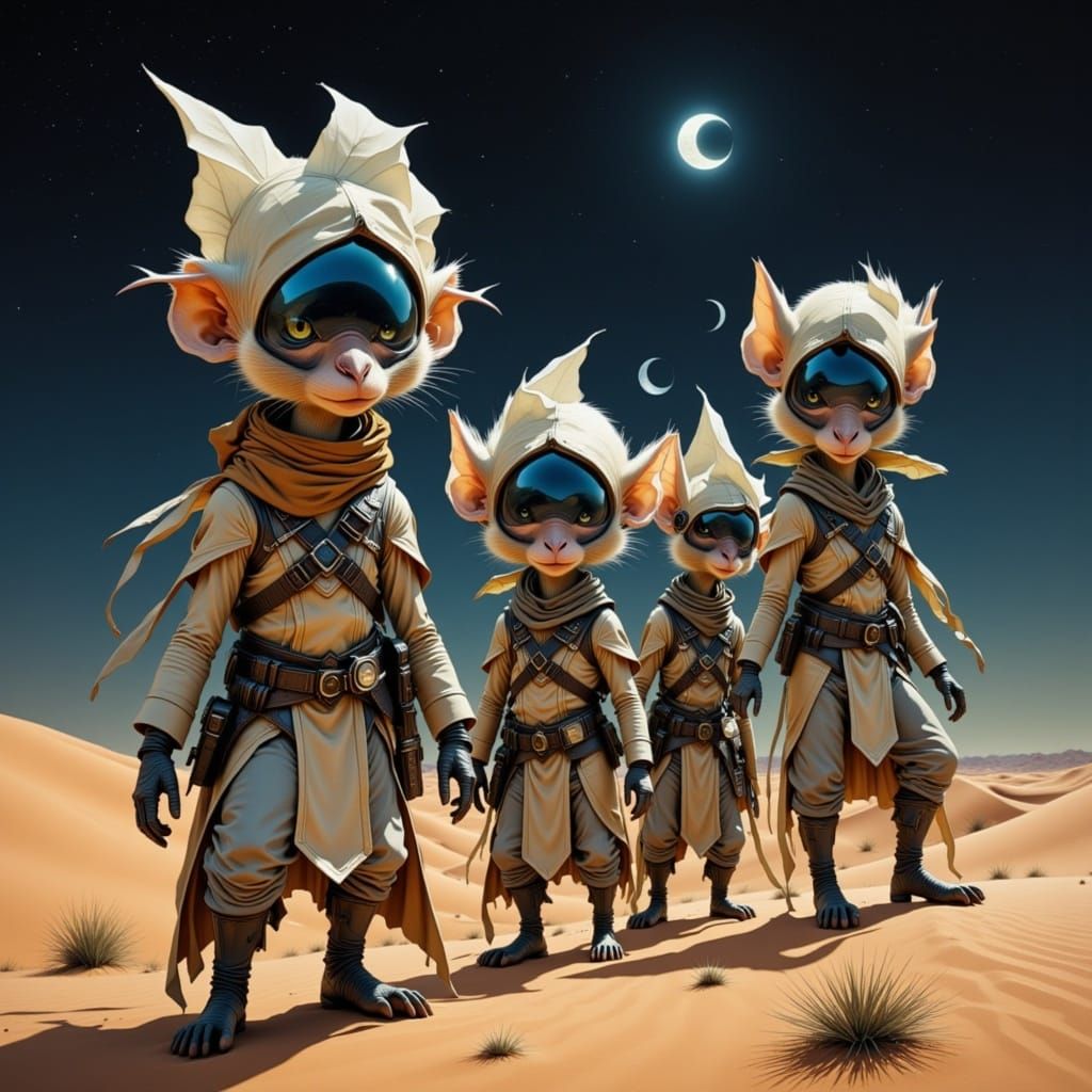 <lora:Arrakis:1.0> A group of Tiny desert monkeys, working construction of (solar panels 3.0). fururistic faerie steampunk, dressed as a fr...