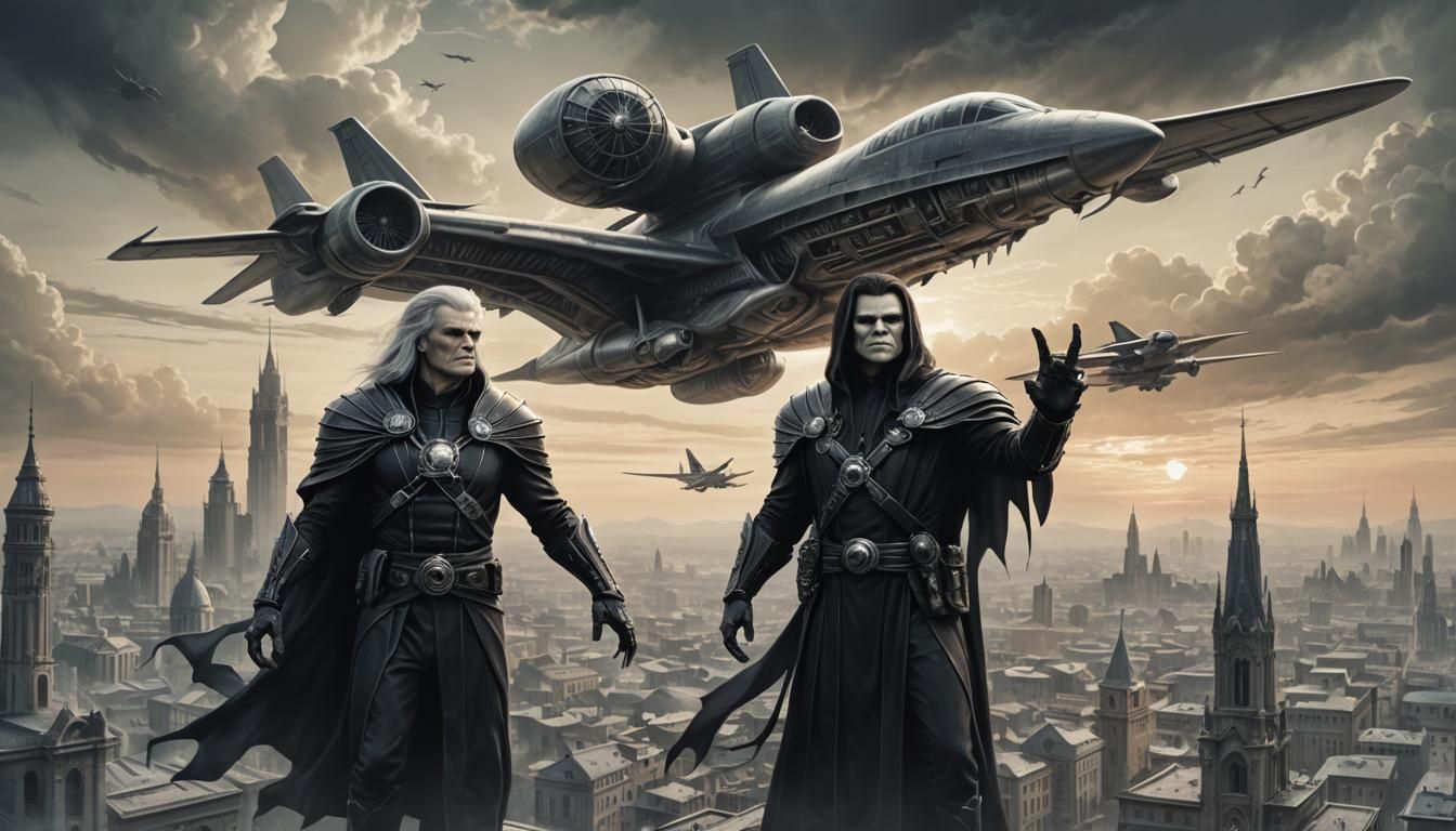master and apprentice sorcerer travel in the sky above a cit...