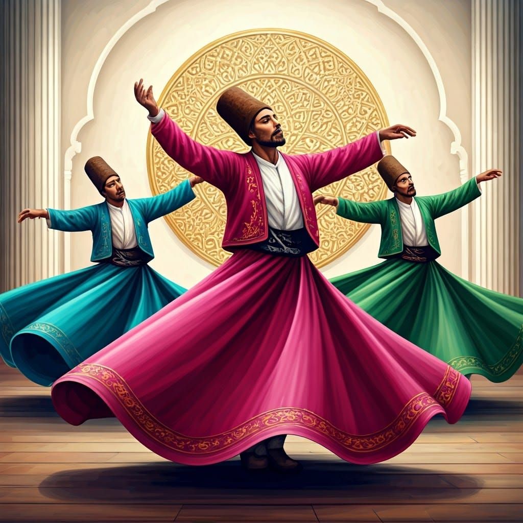 Three abstract dancing dervishes wearing skirts one wearing ...