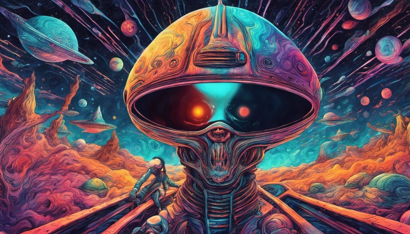 a psychedelic alien inside a psychedelic spaceship traveling...