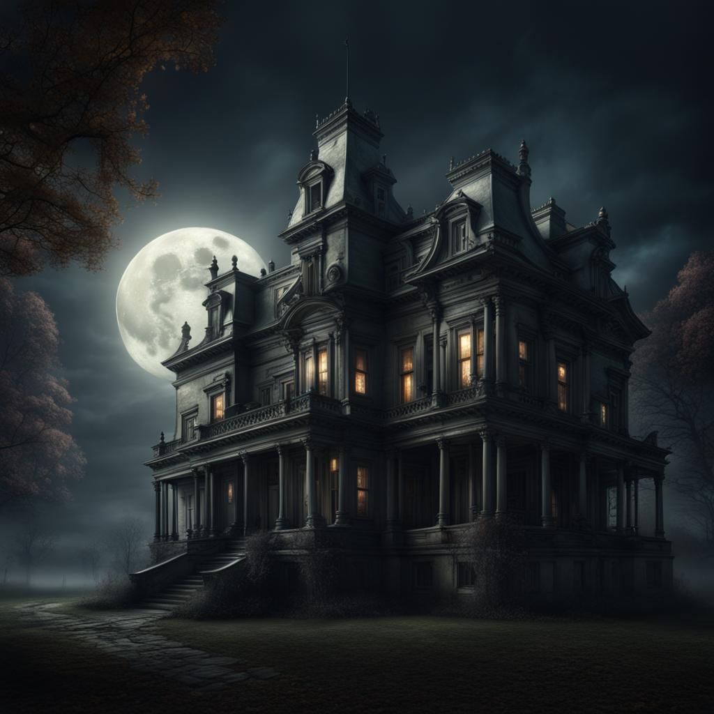 A haunted, creaky old mansion with a full moon casting eerie shadows ...