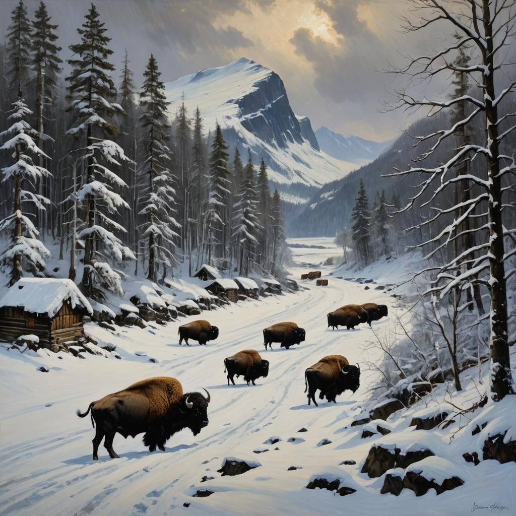 Buffalo in snowy Norway