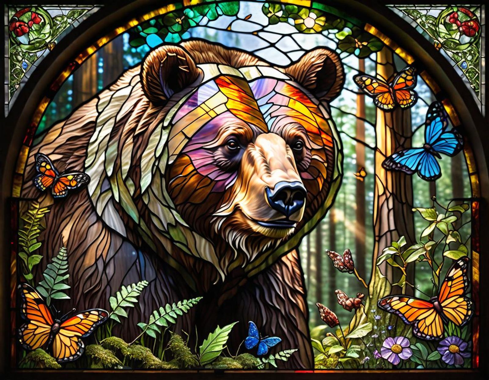 Stained glass window portrait of bear druid in sunlit forest with ...