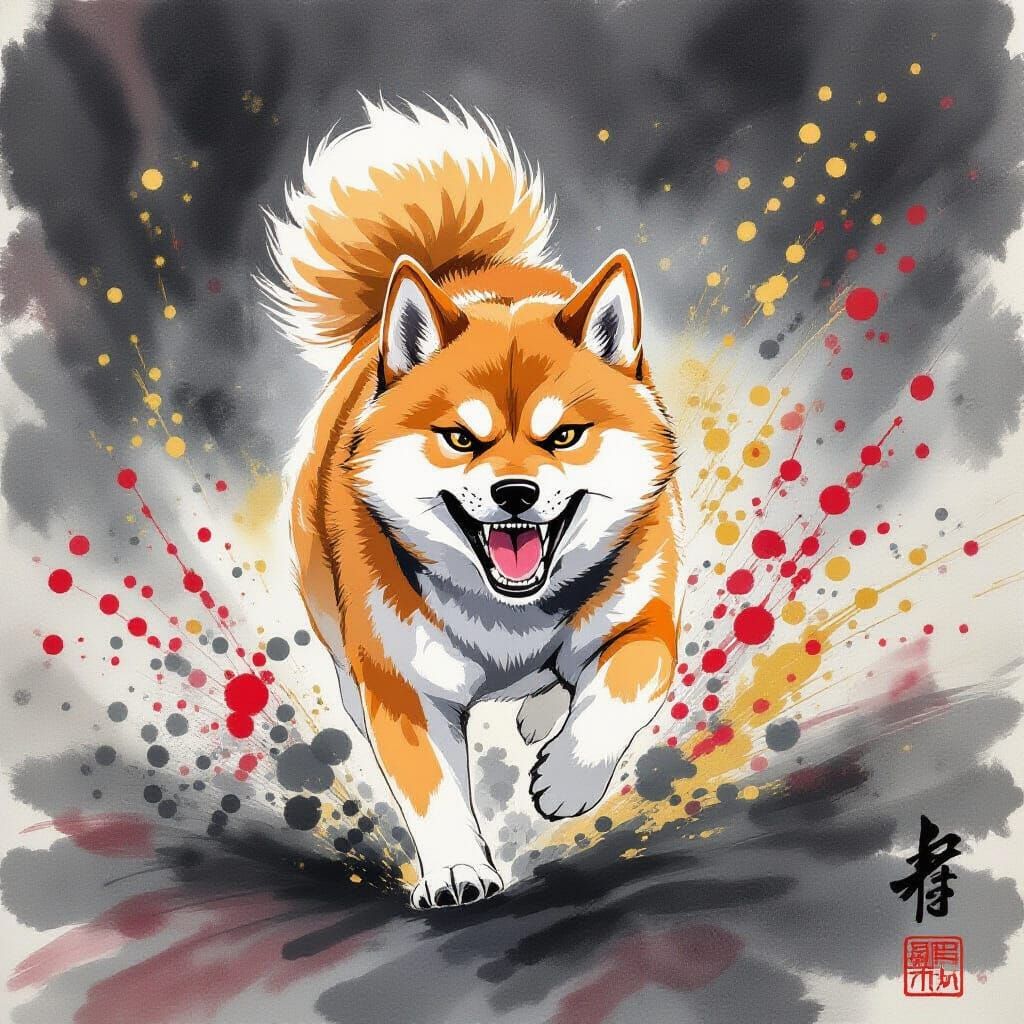 Shiba Inu Charging in Dynamic Ink Wash Style