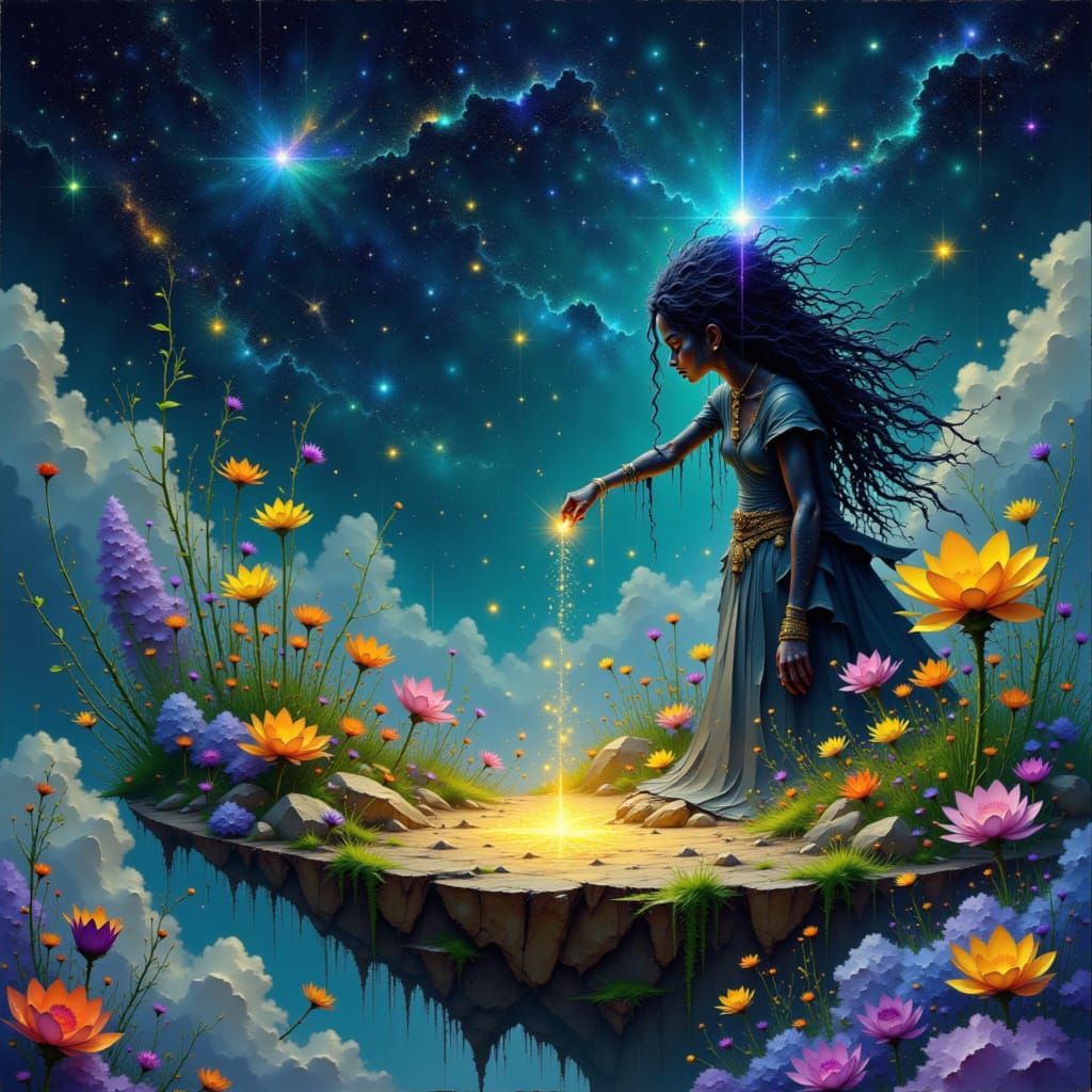 A celestial herbalist druid, with skin like polished obsidian and hair like spun starlight, tends to ...  by @Eclectic shambles