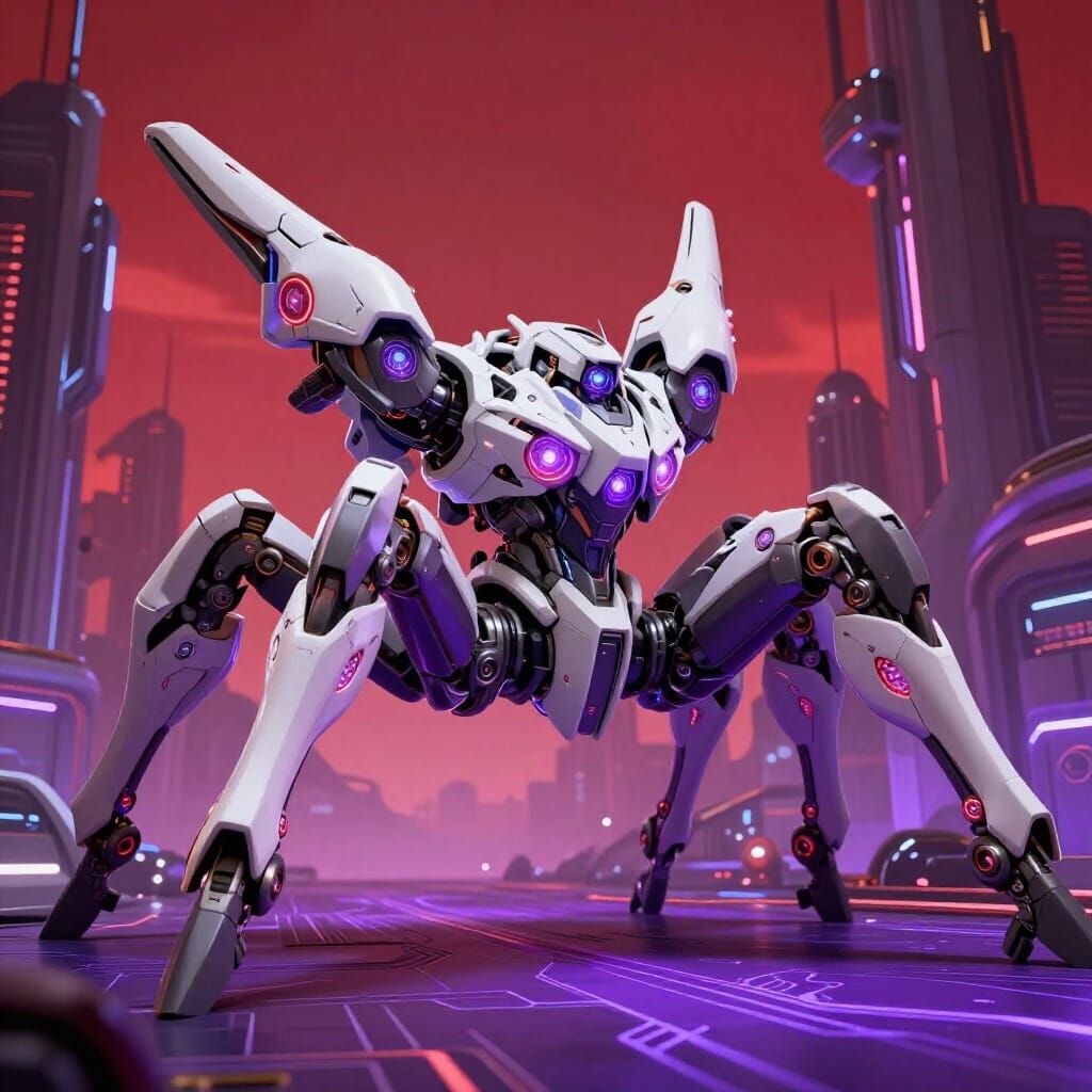 An angled view of an awesome, sleek, aerodynamic, colossal, extremely detailed and alien-looking 4-legged quadruped spid...