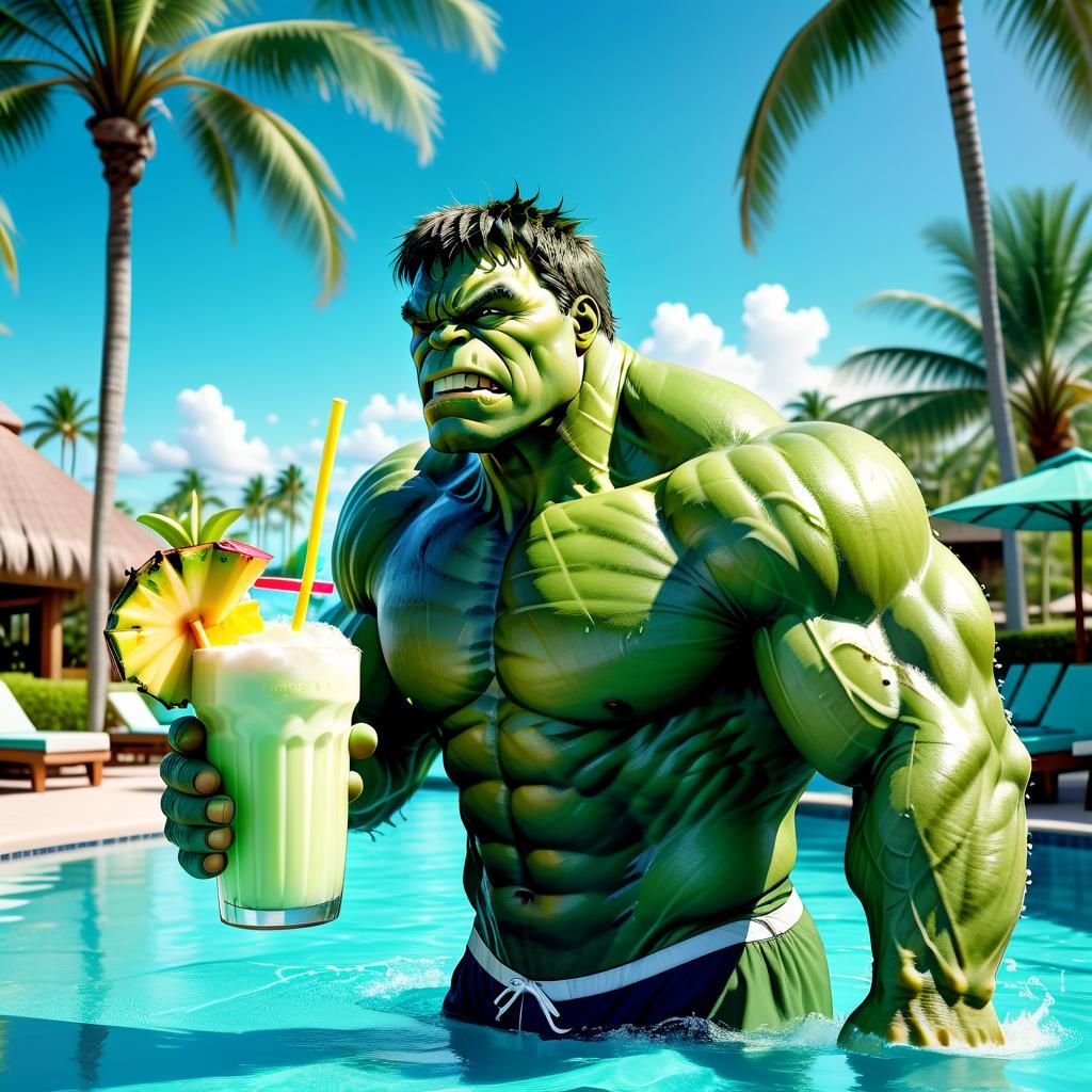 The Incredible Hulk drinking a piña colada on vacation  by @catrocks