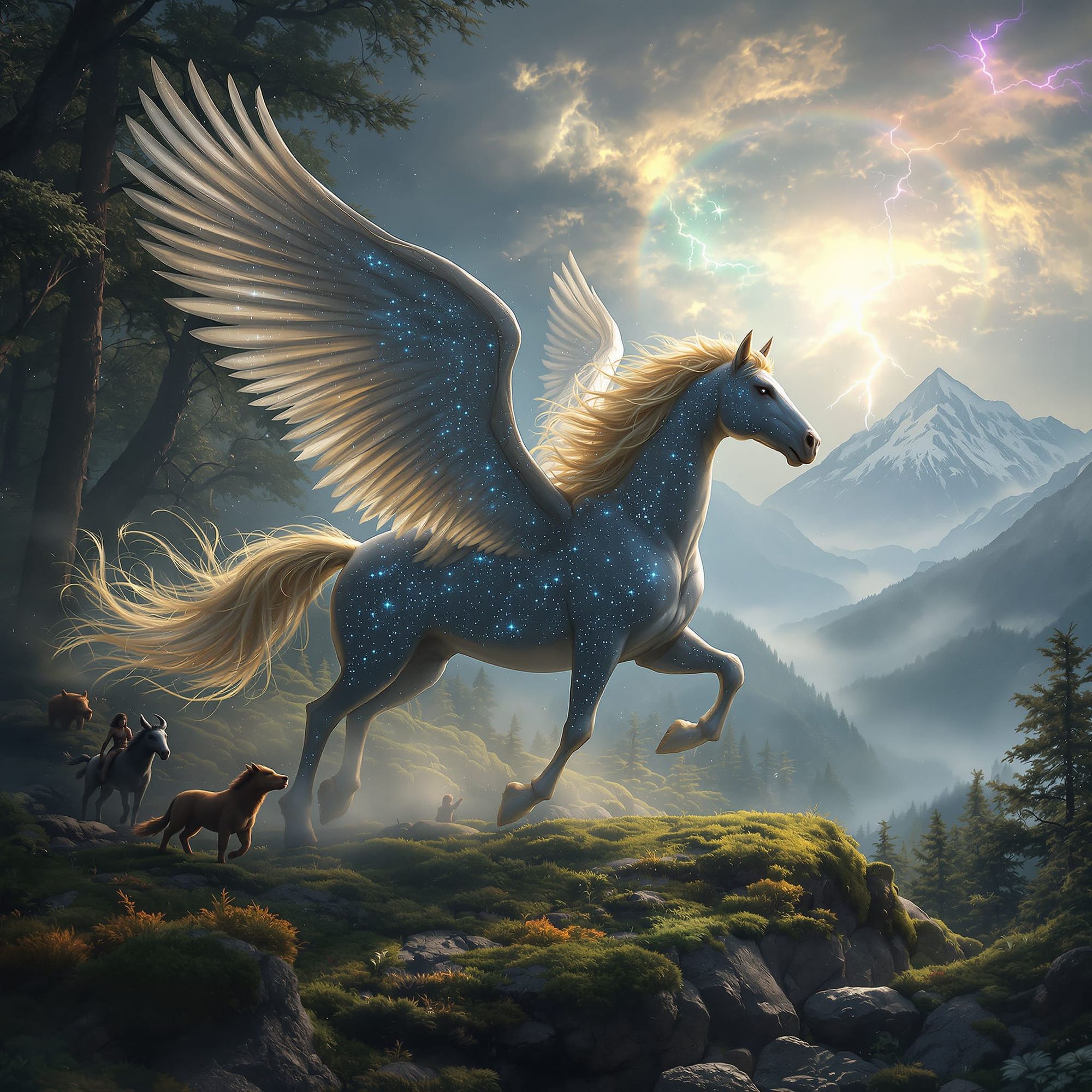 Pegasus and its relatives with wings made of swirling nebulae and stardust