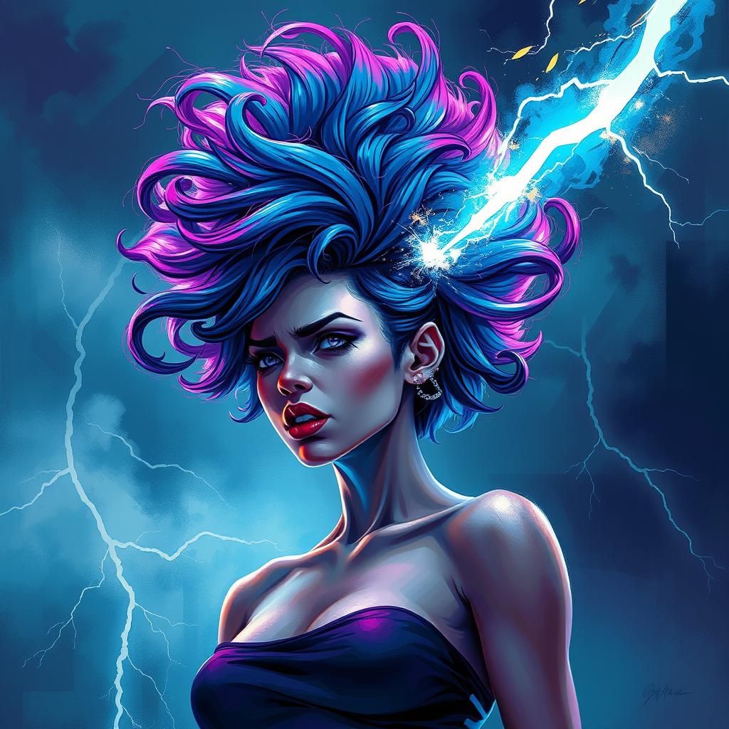 woman, weird hair, struck by lightning