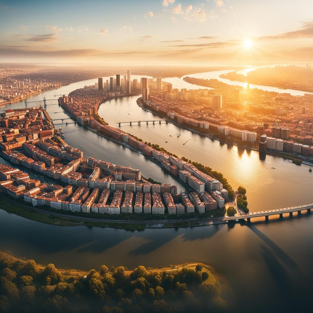 looking down on a city from high on a mountain top with a river that