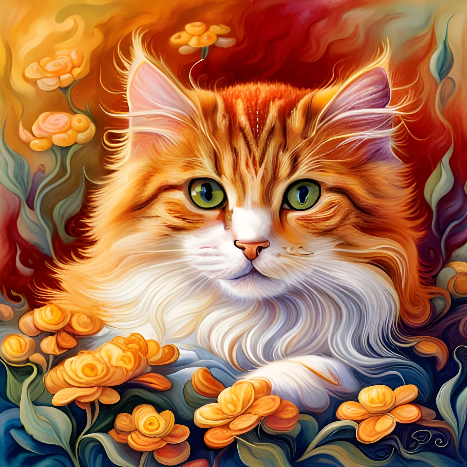 Fluffy Calico Cat in Fantasy Art Style