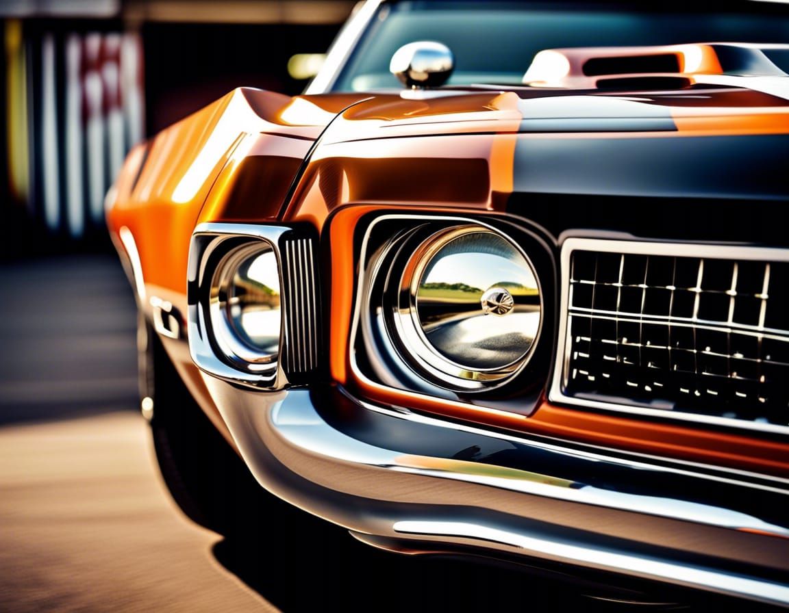 Photo of a 1970s USA muscle car, chrome paint job, fat slick tyres