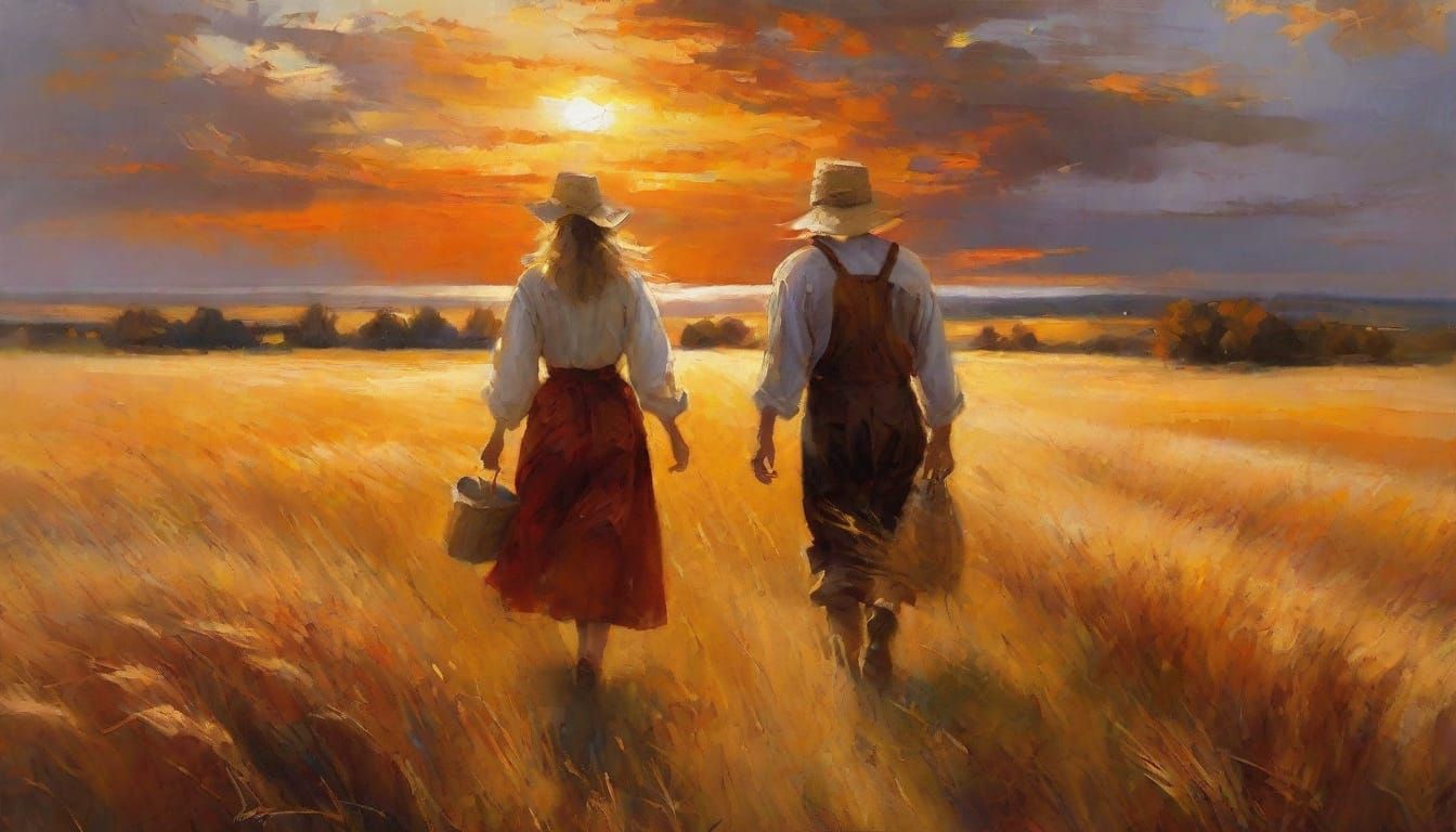 Autumn Harvest. Digital Matte Painting. A rustic scarecrow with outstretched arms watches over a vast field of golden wheat under a warm set...