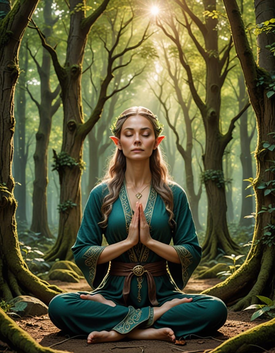 Elven woman mediating in the woods, her hands at her sides in a meditation gesture