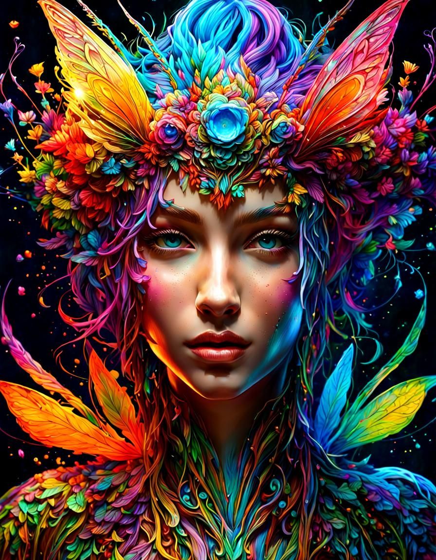 multicolored ink flow, splash art, Intricately detailed head and ...