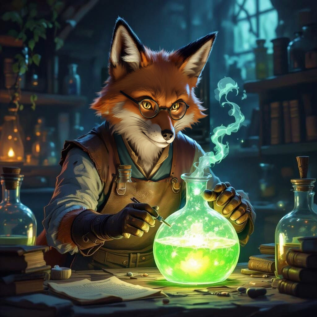 An anthropomorphic fox alchemist, wearing a stained leather apron and spectacles, is intensely focused on a bubbling, bioluminescent potion ...