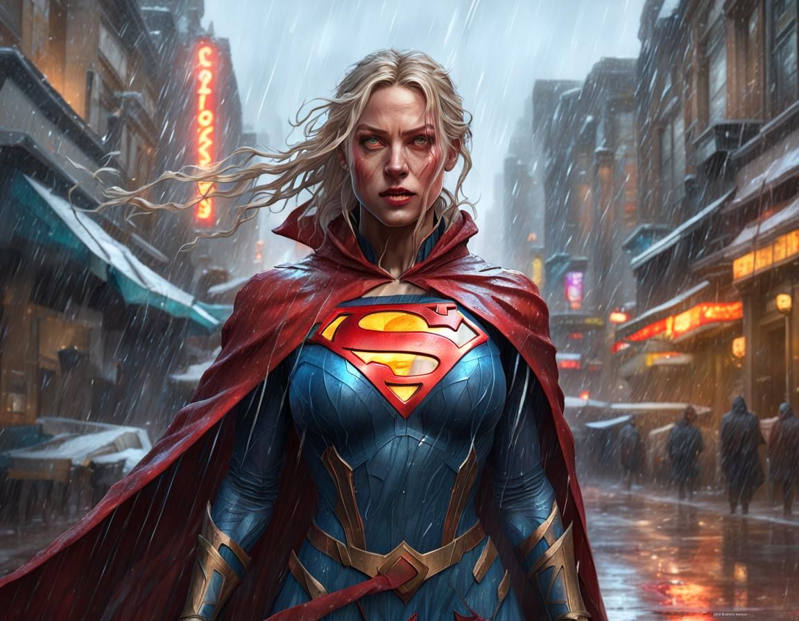 supergirl in rain with ripped cape full body - AI Generated Artwork ...