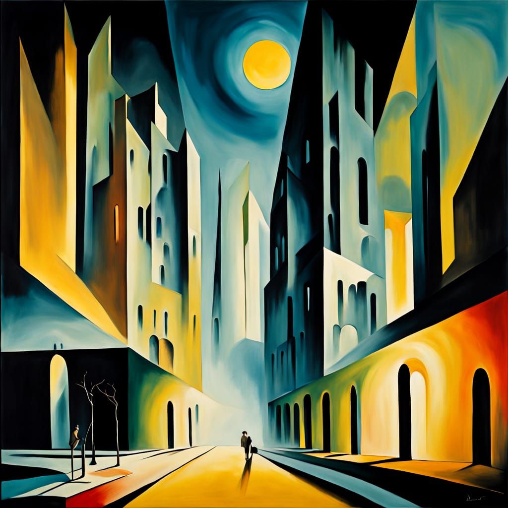 Surreal Cityscape in Vibrant Oil Painting