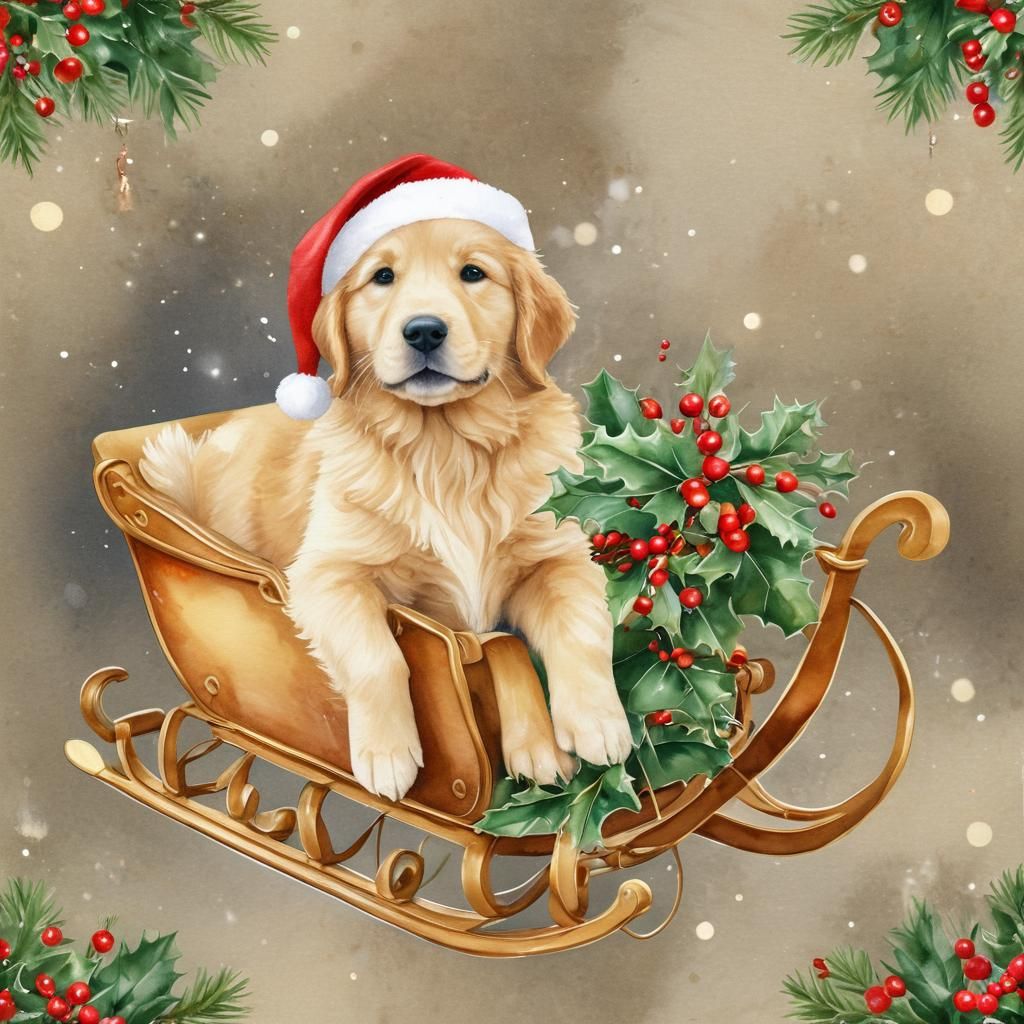 happy golden retriever puppy wearing a santa hat with a sprig of holly on it, sitting in a christmas sleigh, with watercolor style christmas...