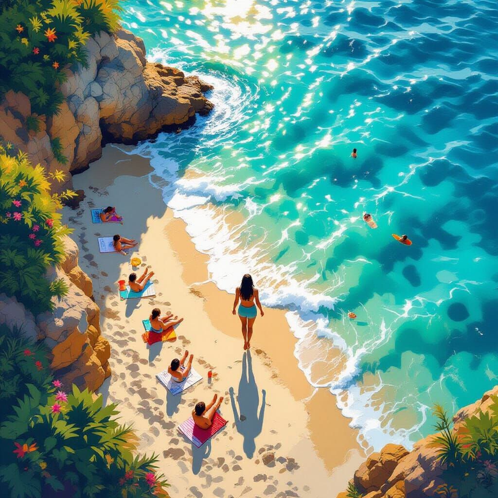 Aerial Beach Descent in Vivid Artistic Style