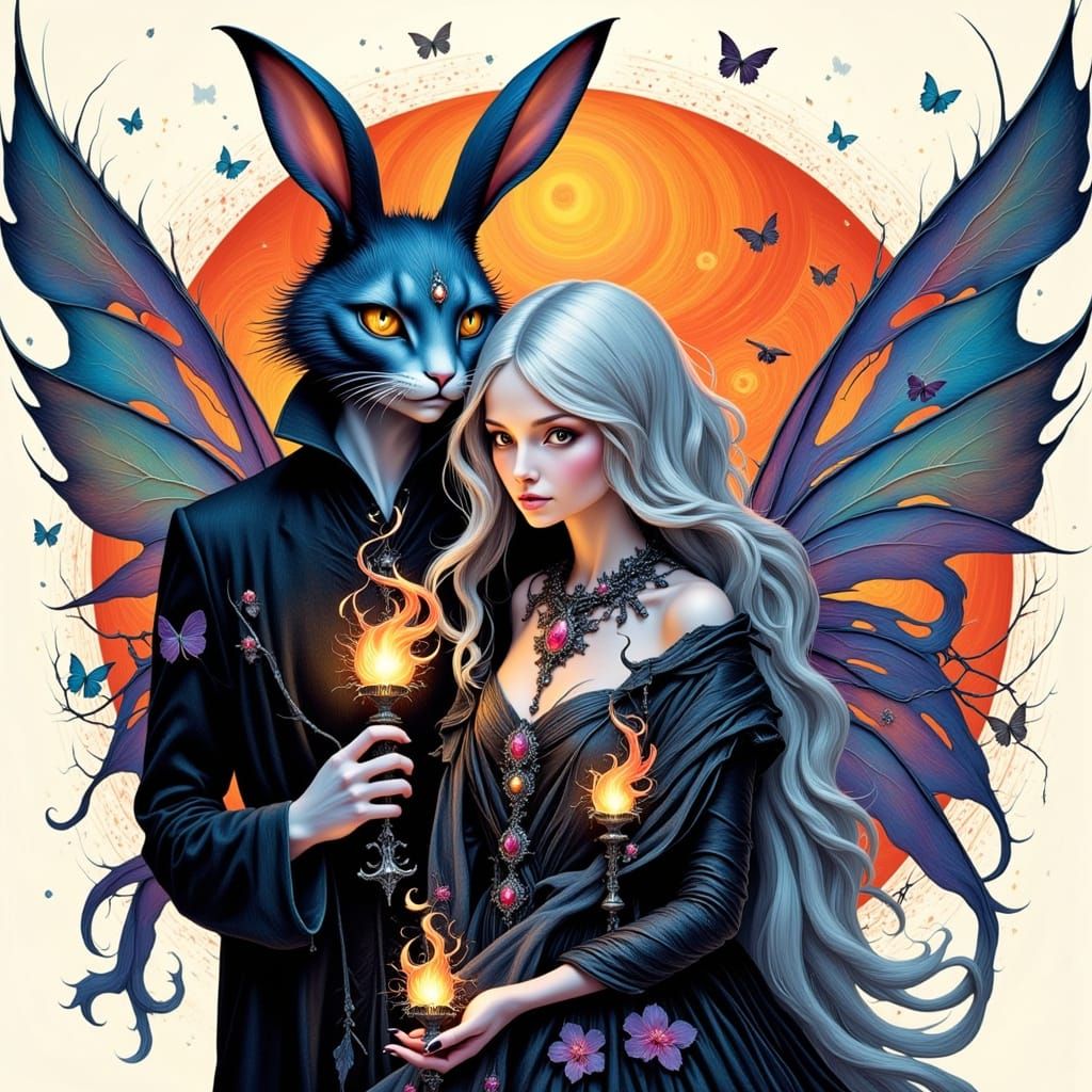 <lora:Flame Dusklings:1.0>  Flickering crackles  of  fire fey creatures in the dusk, a cat-like fairy rabbit fey with piercing eyes and goss...