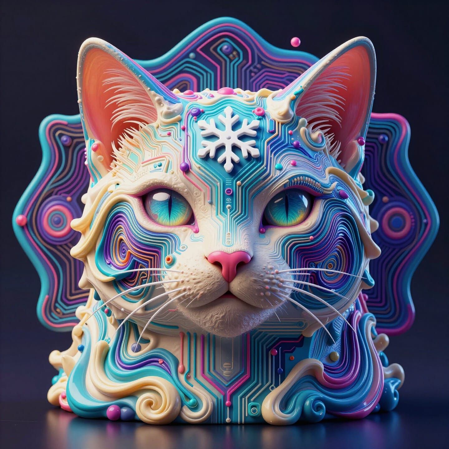 Cyberpunk Cat with Fractal Face in Azurite Neon Glow