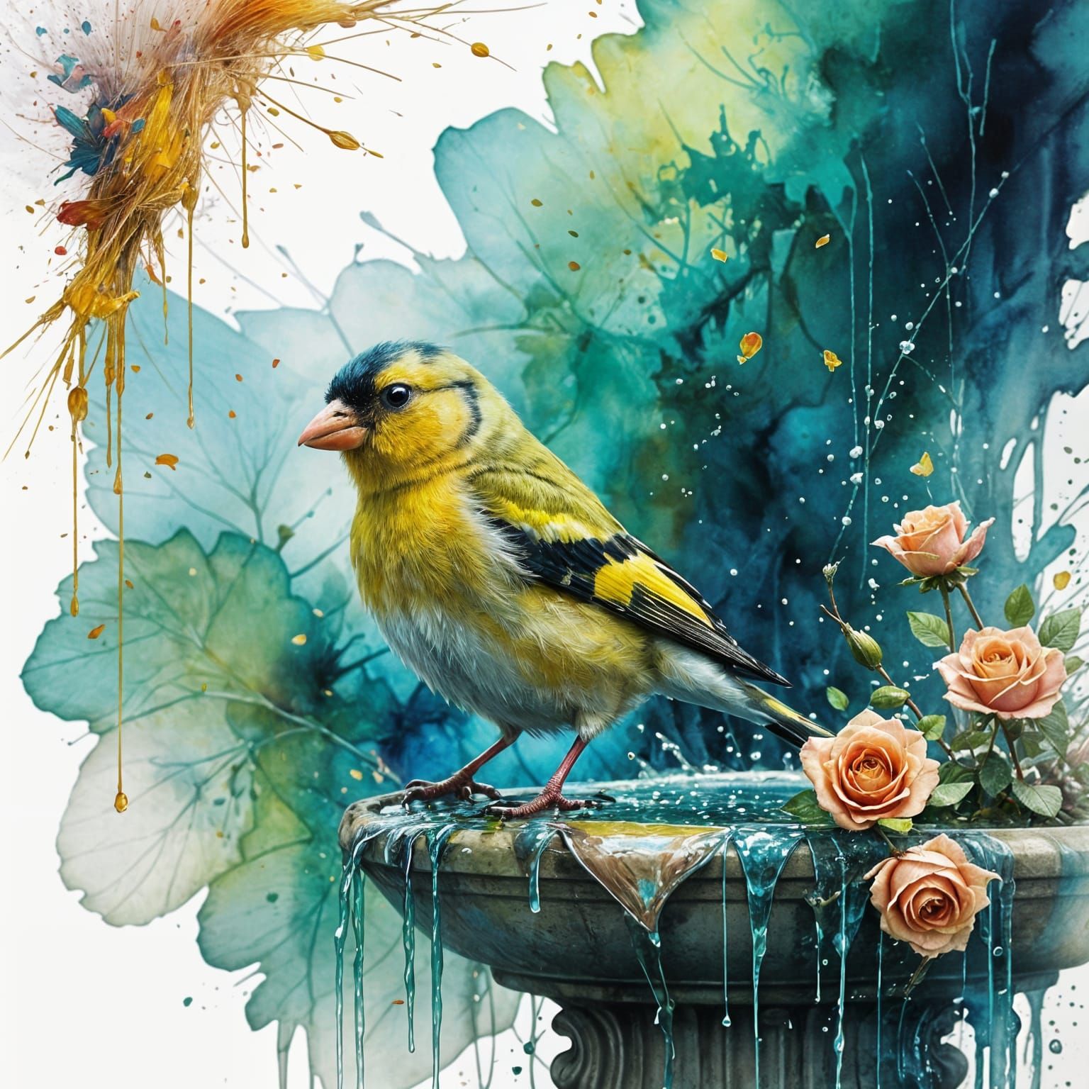 Yellow goldfinch perched on a fountain  by @Dreamer in Hell