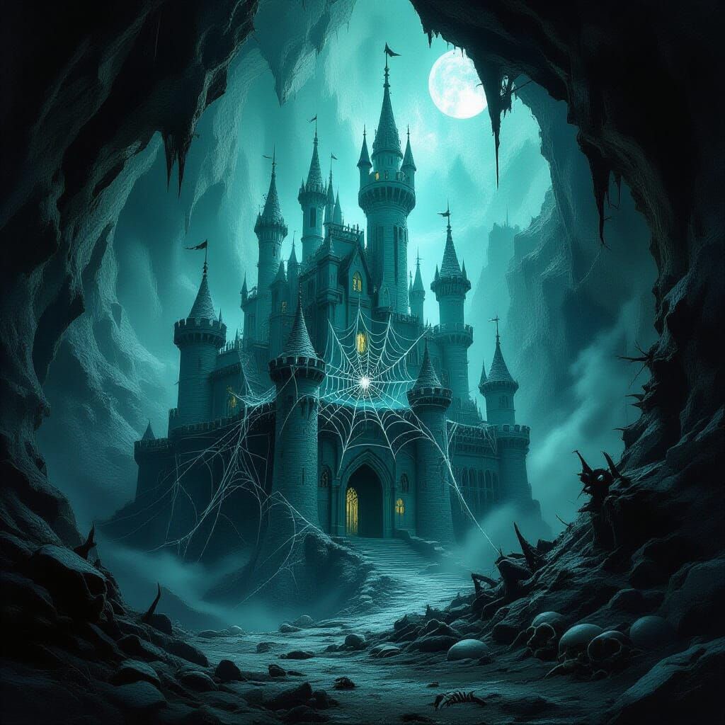 Spiderweb Castle in Shadow Cavern with Prey Remnants