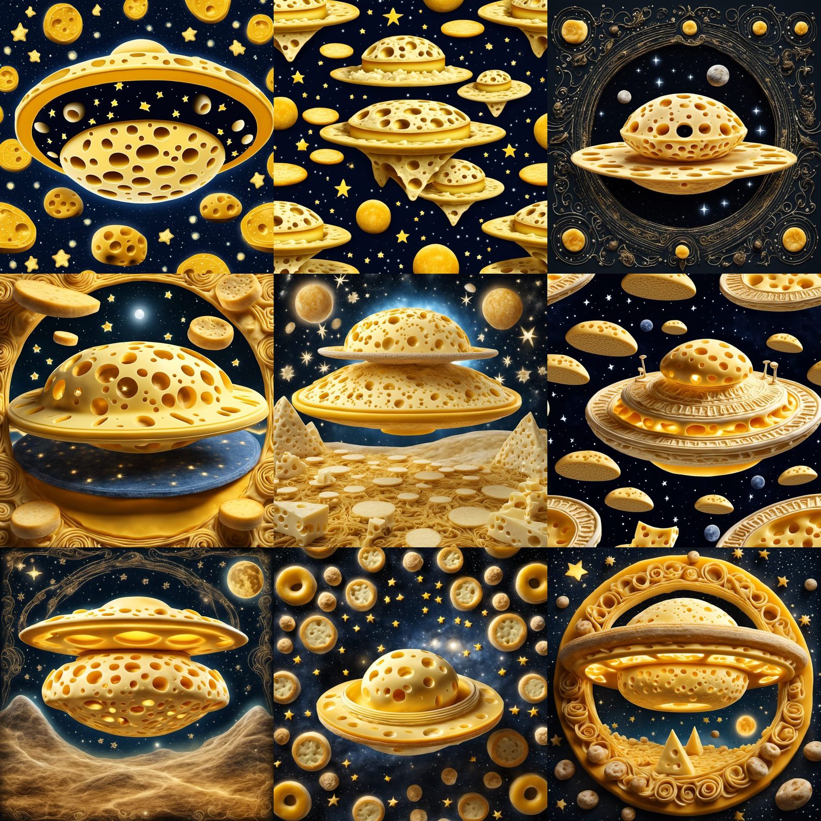 Flying saucer UFO made entirely of CHEESE cheese cheese cheese, highly detailed, ornate, 1024x1024 pixels, filigree, pho...