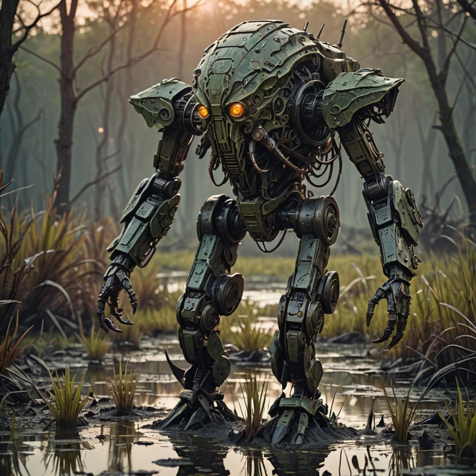 macro camouflage mech walking through an swamp at sunset, horror ...